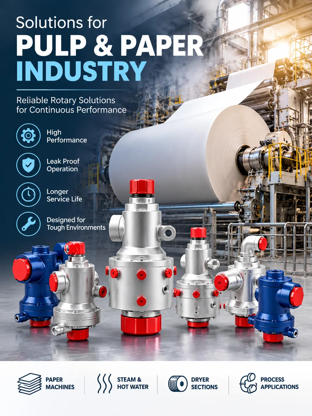 Rotary joints for paper & pulp dryer cylinders